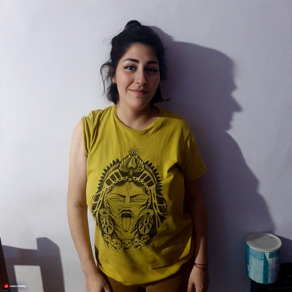 There is a woman standing in front of a wall in a yellow shirt, in t-shirt, wearing a modern yellow t-shirt, photo taken in 2 0 2 0, she is approximately 1 6 years old, indio, I had a photo, taken with sony a7r camera, expressive and terrible, frontal photo, around 19 years, taken with sony alpha 9