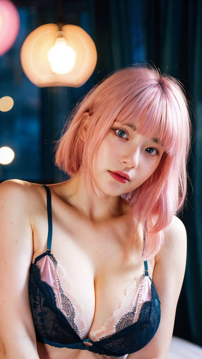 1 Girl, Beautiful, Baby Face, 20 Years Old, White Skin, Saggy Colossal Breasts, Sexy Pose, Wearing Lingerie Dress, (Golden Lingerie Outfit), Blue Eye, Muscles, Bokeh, ((night:1.3)), ((dark:1.3)), Hotel Room Background, Masterpiece, Dizzy, Foggy, ((Pink Hair)), Twintails, Pink Coloured