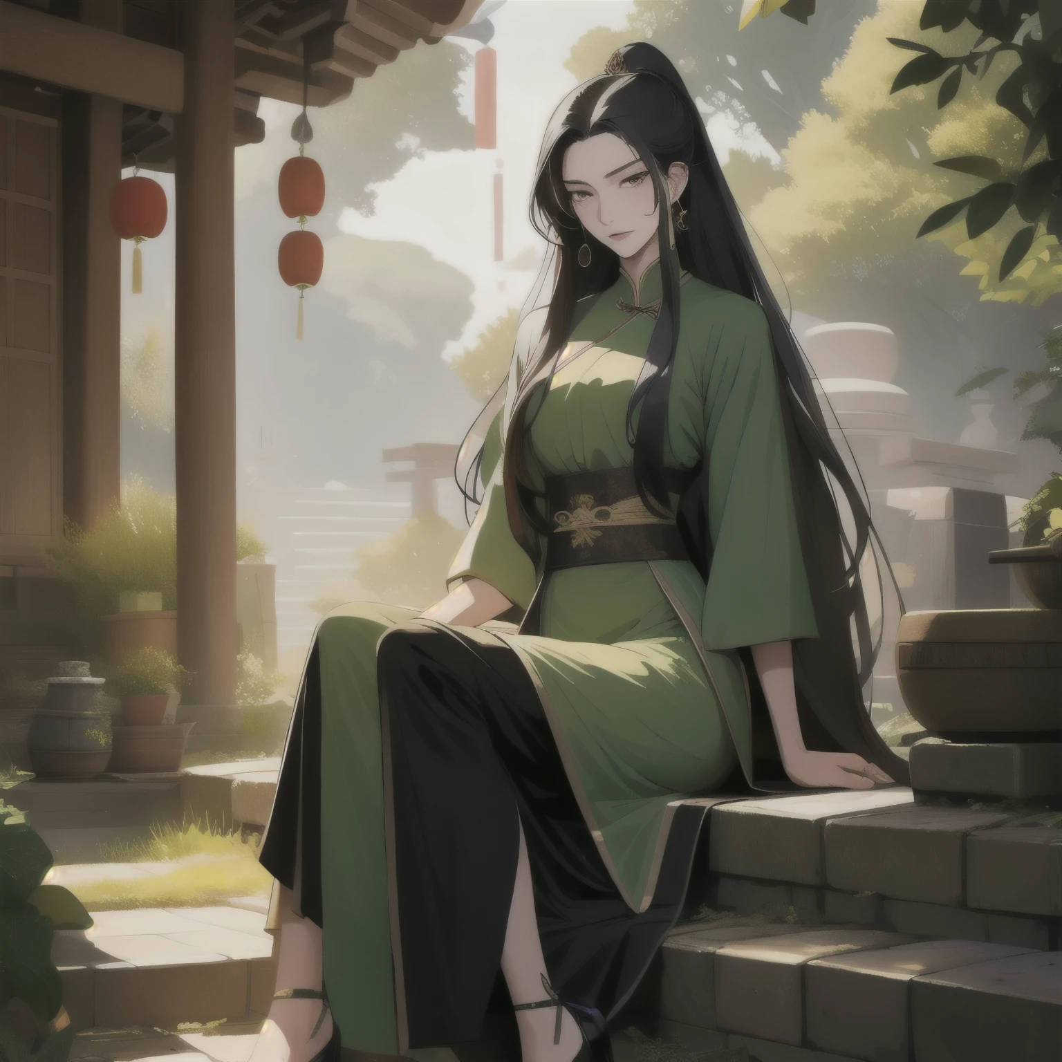 (masterpiece, best quality:1.2), old 1women, solo, mo dao zu shi, mdzs, green chinese clothes, golden eyes, long black hair, perfect anatomy, scar, scar on the face