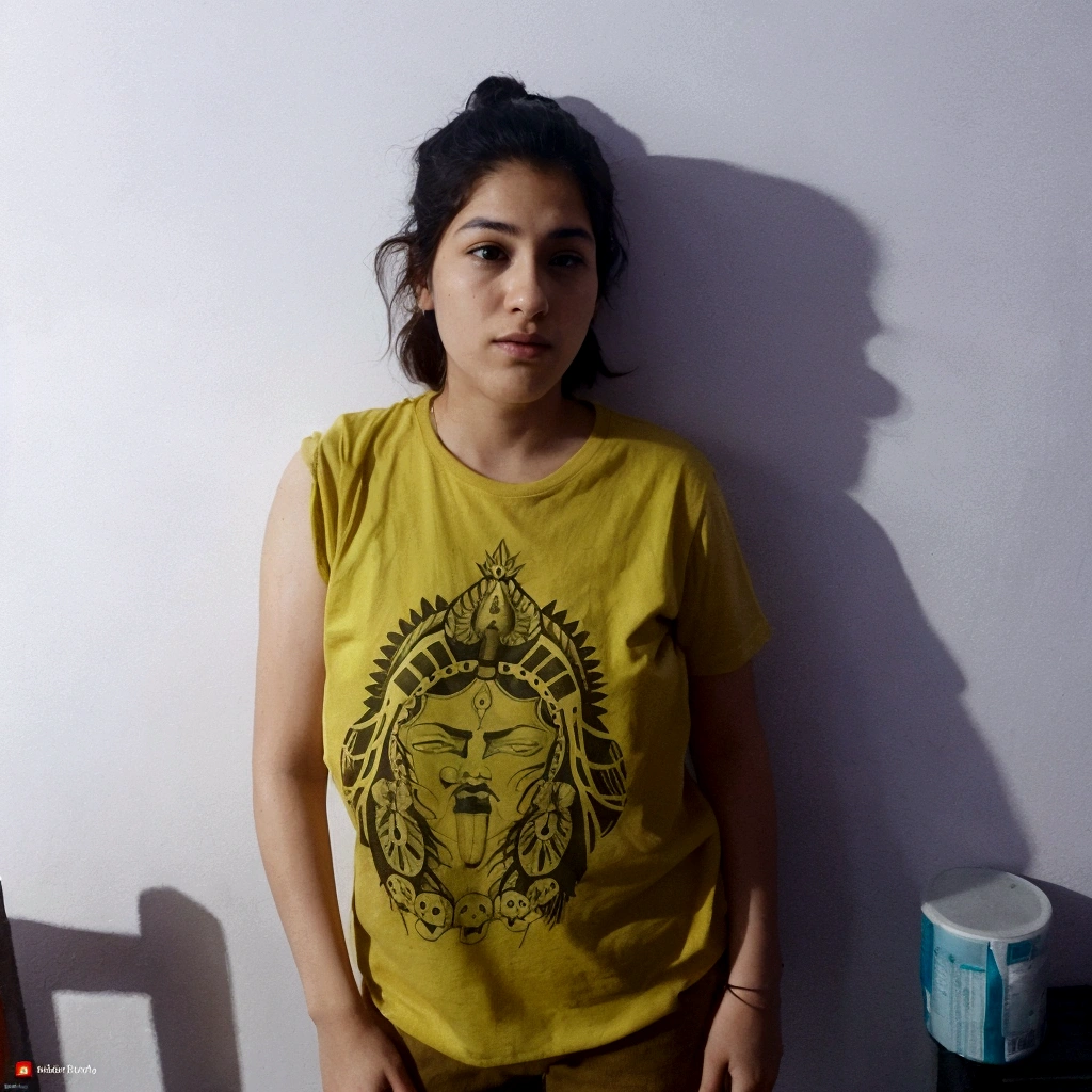There is a woman standing in front of a wall in a yellow shirt, in t-shirt, wearing a modern yellow t-shirt, photo taken in 2 0 2 0, she is approximately 1 6 years old, indio, I had a photo, taken with sony a7r camera, expressive and terrible, frontal photo, around 19 years, taken with sony alpha 9