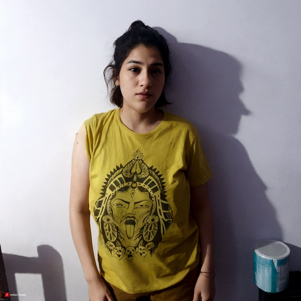 There is a woman standing in front of a wall in a yellow shirt, in t-shirt, wearing a modern yellow t-shirt, photo taken in 2 0 2 0, she is approximately 1 6 years old, indio, I had a photo, taken with sony a7r camera, expressive and terrible, frontal photo, around 19 years, taken with sony alpha 9