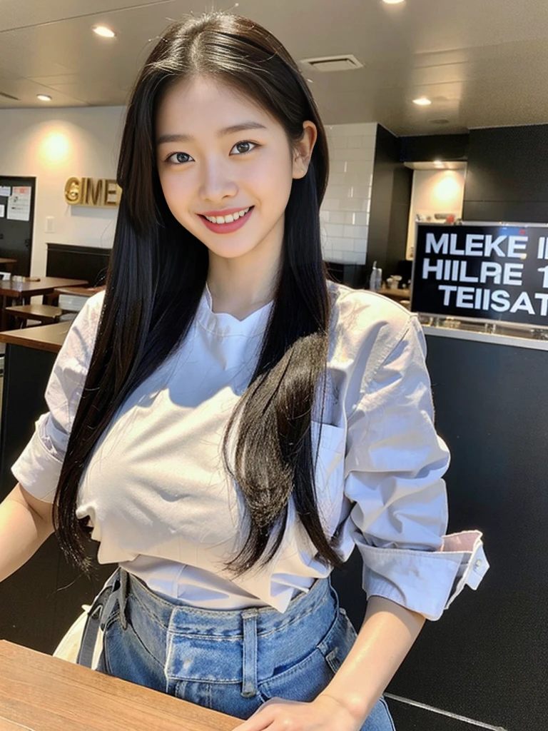 (Commemorative photo of a super cute Korean high school girl waitress:1.2)(grin,Smile)(Beautiful Sweat:1.1)(16K, RAW Photos, Highest quality, masterpiece: 1.2),(Super cute hairstyle for black hair) Super detailed, Super Resolution, (Genuine, Genuine photos: 1.37), Portraiture, High-resolution RAW color photos, Professional photos, Very detailed, 8k wallpaper, Very detailed CG Unity 8k wallpaper, Very detailed beautiful girls, Very detailed faces, ((whole body)), beautiful woman, Huge breasts,(huge boobs:1.1) (Big Boobs:1.1), Beauty college student (Naked Apron:1.1),high school girl, Korean Girls,(K-POP Female Idols), (Idol-class beauty)(Beautiful high school girl:1.1)(Nice restaurant)(18-year-old)(Waitress costumes:1.1)(Group photo:1.1)(Not wearing pants:1.1)(NSFW:1.1)