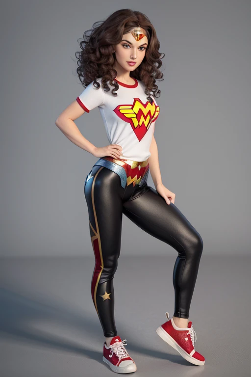 charachter , disney pixar style, 3d, very tiny, curly dark brown medium hair, light brown skin color, honey-colored eyes, black leggings with wonder woman emblem, wonder woman red t-shirt, White sneakers