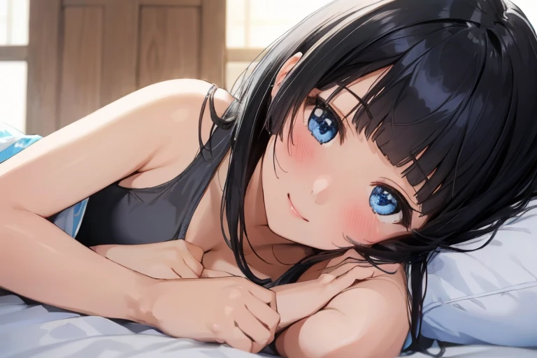 masterpiece、Highest quality、1 female、Very detailed Black Hair、Blunt bangs blue eyes、Detailed depiction of the eyes smile、blush Tank top Face is close、Face close-up、Bring your face closer Sheetに寝転がる、Lie down Sheet