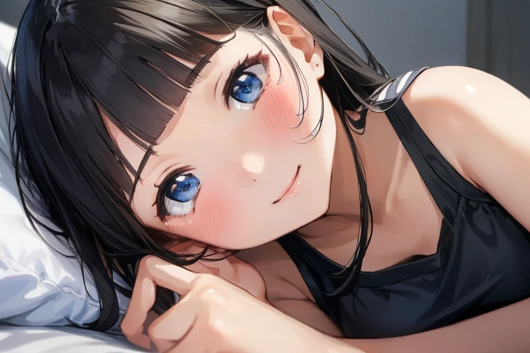 masterpiece、Highest quality、1 female、Very detailed Black Hair、Blunt bangs blue eyes、Detailed depiction of the eyes smile、blush Tank top Face is close、Face close-up、Bring your face closer Sheetに寝転がる、Lie down Sheet