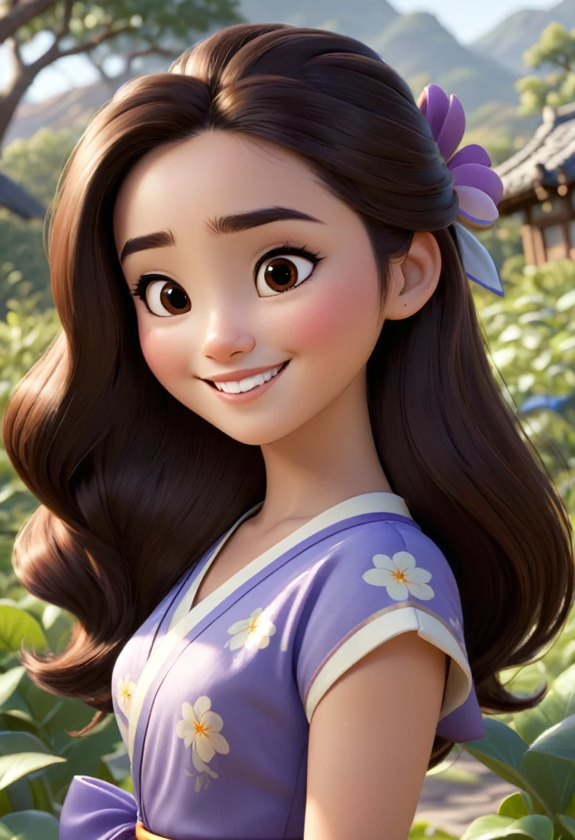 A Disney Pixar style, high qualiy, best qualityer, long dark brown hair, dark eyes slightly slanted Japanese style, round face, Eyebrows marked in dark brown and a very white smile