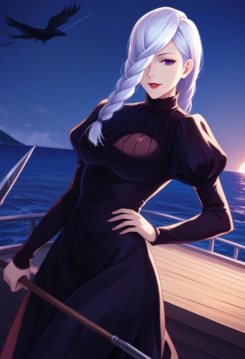 score_9_up, score_8_up, score_7_up, 1girl, solo, mature female, mei mei, (((holding axe))), (((large axe))), hand in hair, crow on shoulder, looking at viewer, white hair, braid, hair over one eye, half closed eye, braided ponytail, braided bangs, purple eye, red lips, parted lips, smile, long sleeves, dress, puffy sleeves, black dress, juliet sleeves, turtleneck dress, yacht cabin, night time, ocean, standing in seductive pose
