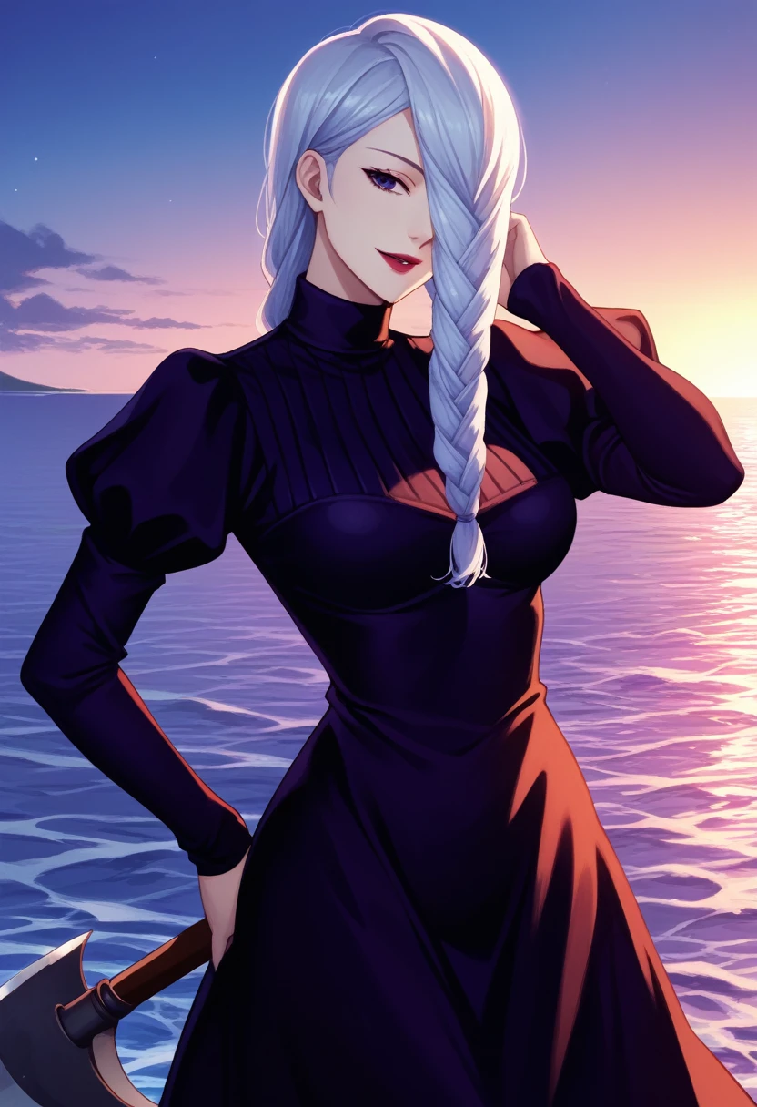 score_9_up, score_8_up, score_7_up, 1girl, solo, mature female, mei mei, (((holding axe))), (((large axe))), hand in hair, crow on shoulder, looking at viewer, white hair, braid, hair over one eye, half closed eye, braided ponytail, braided bangs, purple eye, red lips, parted lips, smile, long sleeves, dress, puffy sleeves, black dress, juliet sleeves, turtleneck dress, yacht cabin, night time, ocean, standing in seductive pose