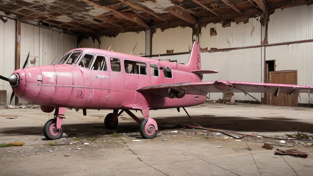 a detailed highly realistic photo of a abandoned small private pink airplane on a airport