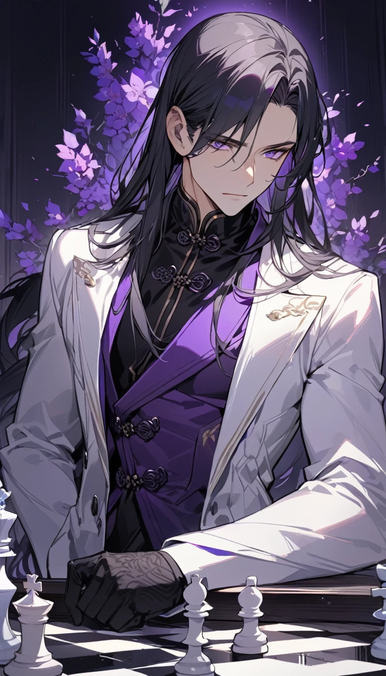 (masterpiece:1.5),best quality,(1 Handsome and calm man),alone,black hair,(long hair:1.5), (purple eyes), (cold and distant expression),perfect face,Fantasy Chinese style,Long black trench coat,Purple cloth,Complex clothing design with Chinese elements,Black leather gloves,white lining,White suit pants,Slightly muscular body,High,8K,Beautiful contrast of light and shadow,purple flower,Dark luxury background,((chess)),(complete upper body),Positive face