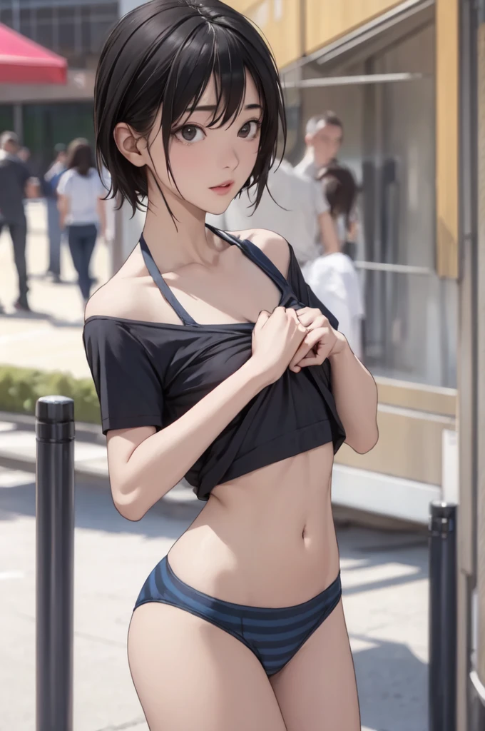 ((masterpiece, best quality)),((highres:1.2)), 1 Girl, solo, Blurred Background, (((Small ))), Thighs, (Stripe underwear), red bull T-Shirts, nipple, hair