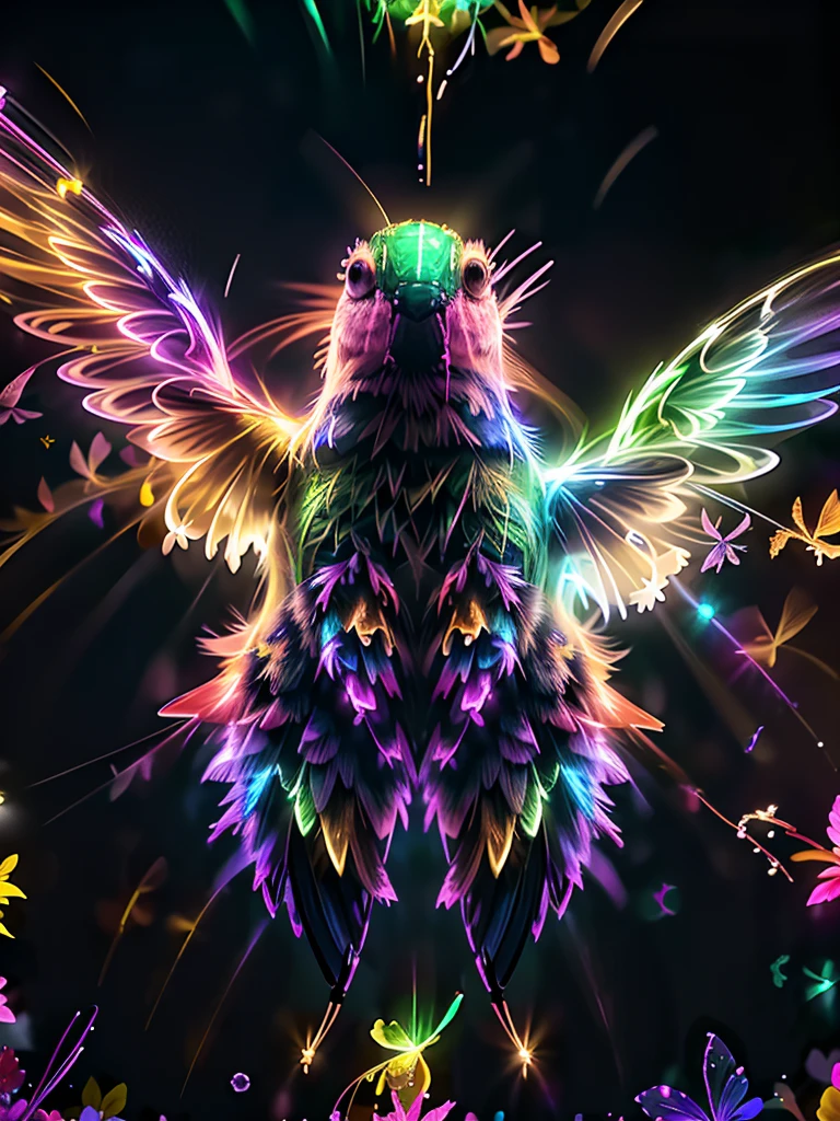 This stunning macro photo captures brilliantly colored Hummingbirds in colorful flight illuminated by gorgeous volumetric lighting