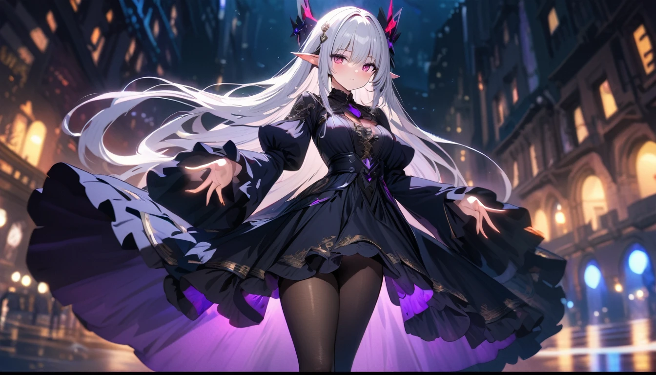 Satella from anime Re:NULL, (masterpiece, Best quality, A high resolution, ultra detailed, Satella, White hair, purple eyes, 1 girl, long hair, pointed ears, hair ornament, Tights, black transparent veil long black dress, Looking at the viewer, black Tights, long sleeves, blush, standing, very long hair, cowboy shot, brilliant, brilliant hair, (night:1.2),Dreamy, [[gentle fingers and hands:0.55]::0.85],(detailed fingers),),(emotional),(breathtaking),(main part:1.2) whole body.), (Anime Style), (Super Detailed), (brutal), (uhd, HDR), (8K), (High Resolution: 1.2), (Complex and Beautiful: 1.2), (Dramatic Lighting: 1.2) , (staring at the viewer), lora:add_detail:1, female necromancer, flowing white hair, detailed red eyes, skelet, Tomohiko Ito style