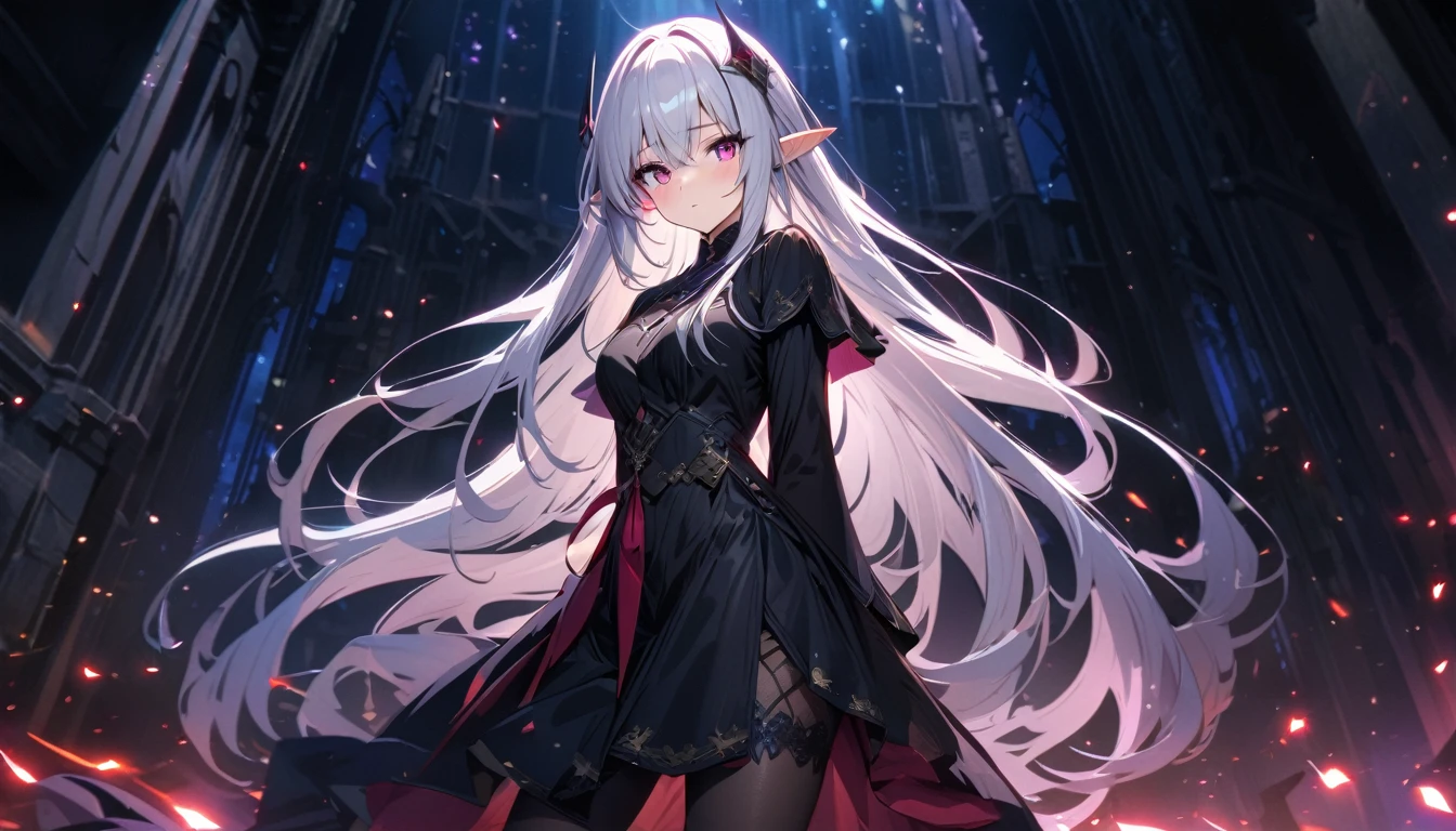 Satella from anime Re:NULL, (masterpiece, Best quality, A high resolution, ultra detailed, Satella, White hair, purple eyes, 1 girl, long hair, pointed ears, hair ornament, Tights, black transparent veil long black dress, Looking at the viewer, black Tights, long sleeves, blush, standing, very long hair, cowboy shot, brilliant, brilliant hair, (night:1.2),Dreamy, [[gentle fingers and hands:0.55]::0.85],(detailed fingers),),(emotional),(breathtaking),(main part:1.2) whole body.), (Anime Style), (Super Detailed), (brutal), (uhd, HDR), (8K), (High Resolution: 1.2), (Complex and Beautiful: 1.2), (Dramatic Lighting: 1.2) , (staring at the viewer), lora:add_detail:1, female necromancer, flowing white hair, detailed red eyes, skelet, Tomohiko Ito style