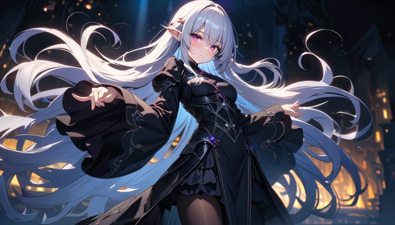 Satella from anime Re:NULL, (masterpiece, Best quality, A high resolution, ultra detailed, Satella, White hair, purple eyes, 1 girl, long hair, pointed ears, hair ornament, Tights, black transparent veil long black dress, Looking at the viewer, black Tights, long sleeves, blush, standing, very long hair, cowboy shot, brilliant, brilliant hair, (night:1.2),Dreamy, [[gentle fingers and hands:0.55]::0.85],(detailed fingers),),(emotional),(breathtaking),(main part:1.2) whole body.), (Anime Style), (Super Detailed), (brutal), (uhd, HDR), (8K), (High Resolution: 1.2), (Complex and Beautiful: 1.2), (Dramatic Lighting: 1.2) , (staring at the viewer), lora:add_detail:1, female necromancer, flowing white hair, detailed red eyes, skelet, Tomohiko Ito style