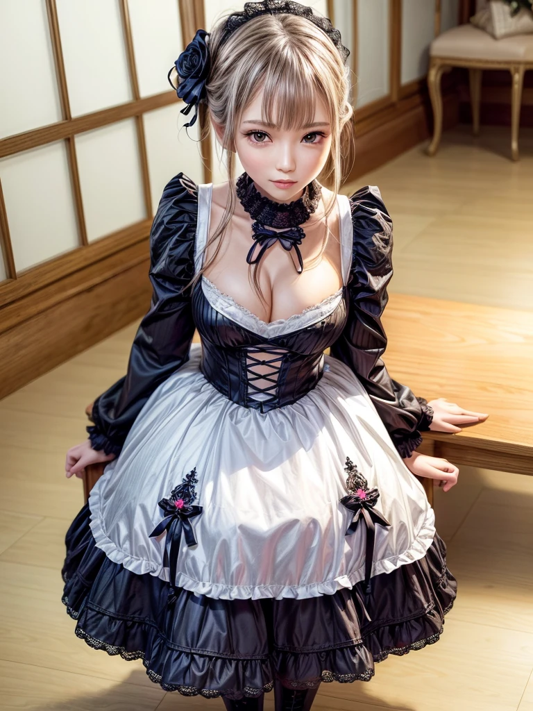 (8K, Photorealistic, Raw photo, of the highest quality: 1.3), (1girl in), Super beautiful, (Realistic face), (boyish, Silver Color Berry Shorthair), Beautiful , Glare that captivates the viewer, Beautiful expression, Beautiful breasts, (Realistic skin), Be...Super high quality, super high definition, super detailed, masterpiece, 20years old, female, cute, perfect face, beautiful, nice body, gothic ta clothes, gothic loliashion, frilly skirt, headdress, necklace, bracelet, knee-high socks, boots, double eyelids, tear bags, Detailed down to the fingers, photo-like description, indoors, dim indoor lighting, blonde hair, pony tail, standing, whole body, composition that shows the whole body, smiling