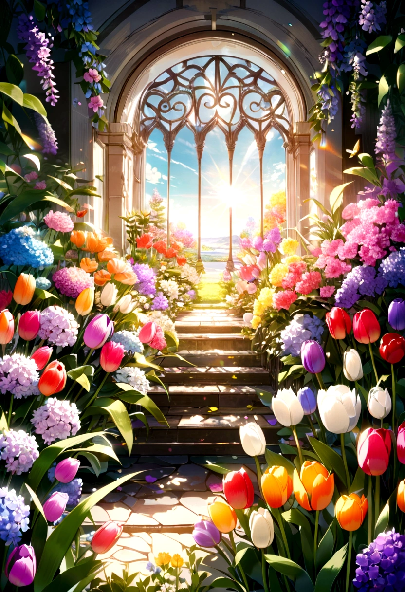 Colorful flowers, magical Colorful flowers, Colorful flowers, Colorful flowers, lilac, Tulips, Colorful flowers and plants, The sunlight streaming in, Lots of details, high quality, 8K