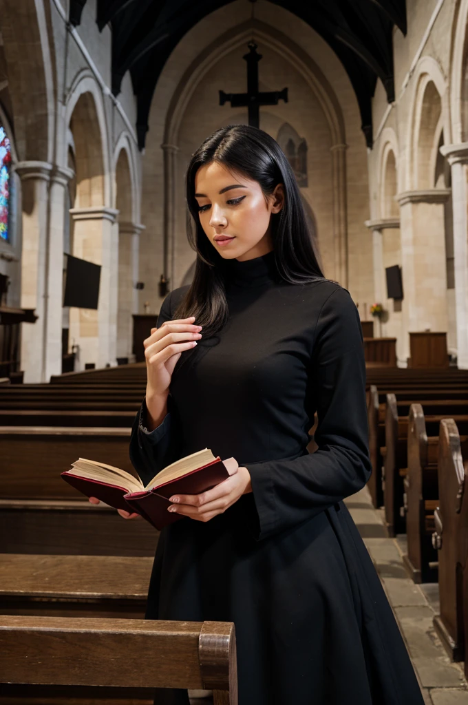A black dressed devil reading book in a church