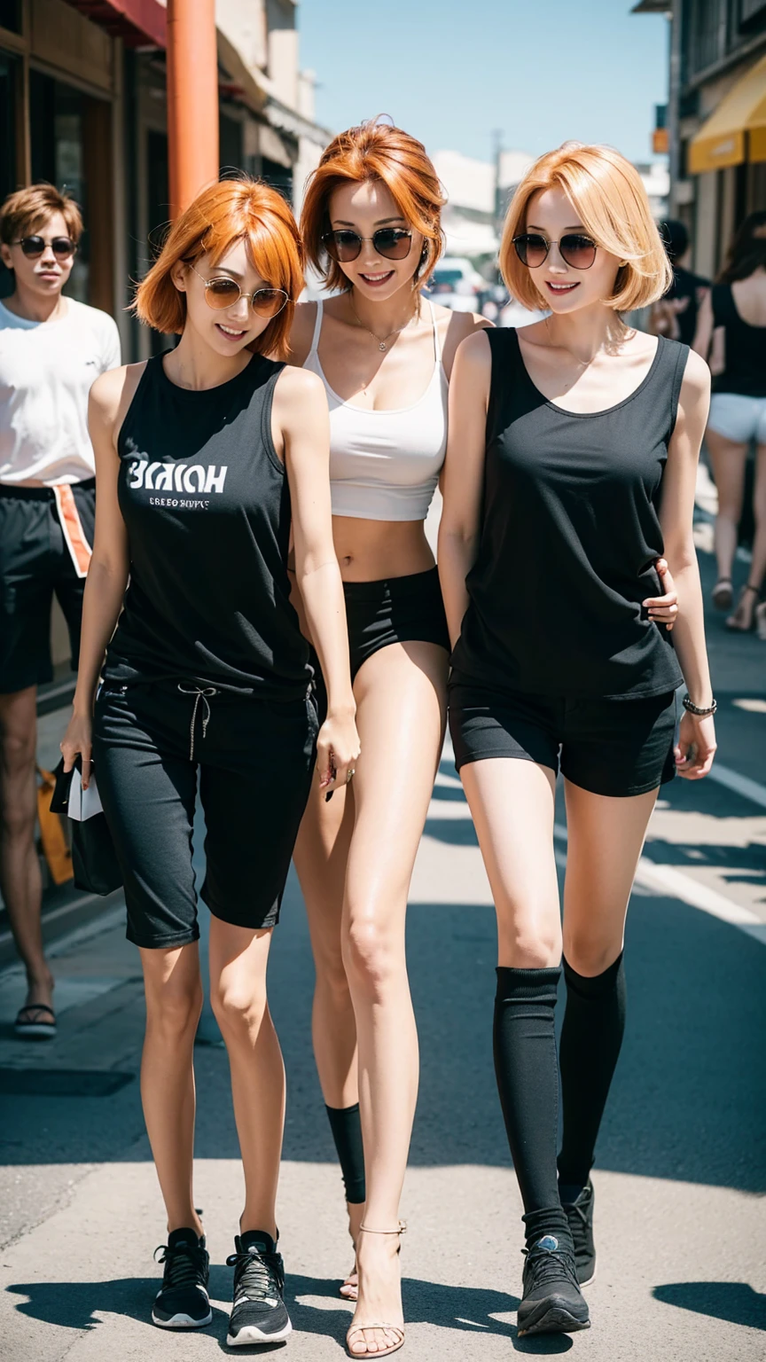 three sexy women walking and looking down at boy with blonde hair and shorts, women touch behind of boy's head, women have flirtatious smiles, boy have sunglasses, women have auburn hair colors