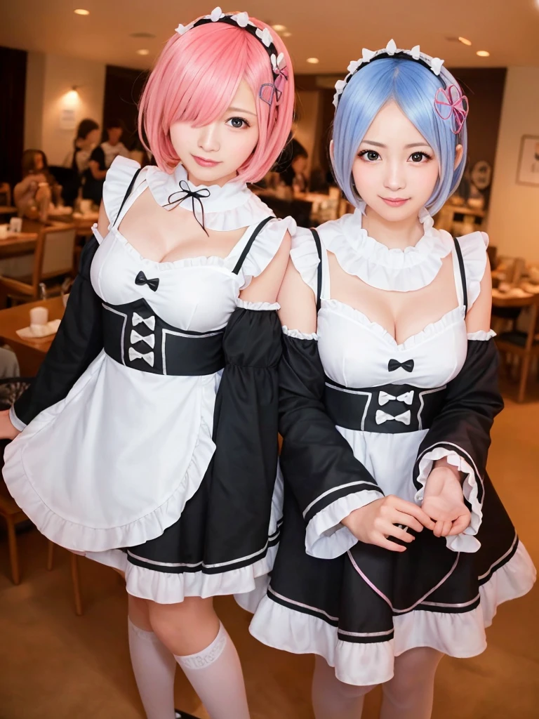 Accurate depiction with high resolution,(8K, Photorealistic, Raw photo, of the highest quality: 1.3), (1girl in), Super beautiful, (Realistic face), (boyish, pink Color Berry Shorthair), Beautiful , Glare that captivates the viewer, Beautiful expression, Beautiful breasts, (Realistic skin), Be...Create a detailed and colorful image of Ram and Rem from Re:Zero, standing back-to-back in their maid outfits, with a magical fantasy background、14years old, two girls,cute, perfect face, beautiful, nice body, gothic lolita clothes, gothic lolita fashion, frilly skirt, headdress, necklace, bracelet, knee-high socks, boots, double eyelids, tear bags, Detailed down to the fingers, photo-like description, indoors, dim indoor lighting, one girl is pink hair and short bob, another girl is light blue hair and short bob,standing,whole body, composition that shows the whole body, smiling,The Both of them are wearing the same type of maid outfit,Optimal ratio of 4 fingers and 1 thumb,walking