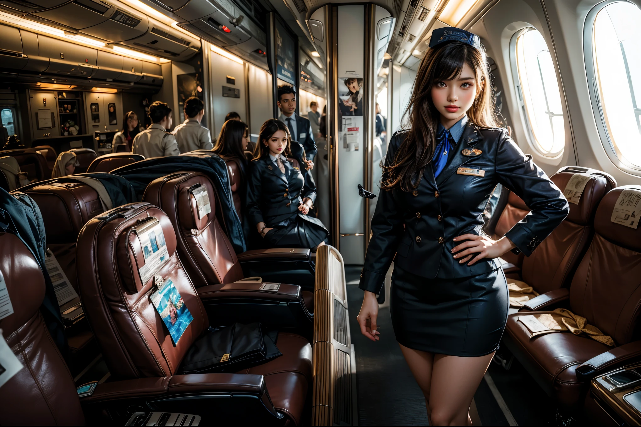 (masterpiece, top quality, best quality, official art, beautiful and aesthetic:1.4), hdr, high contrast, wideshot, 1girl, bun black hair with bangs, light smile, clearly brown eyes, soft lightly make up, ombre lips, hourglass body, large breast, (stewardess theme:1.5), finger detailed, background detailed, ambient lighting, extreme detailed, cinematic shot, realistic ilustration, (soothing tones:1.3), (hyperdetailed:1.2), crop skirt, very seductive uniform, curvy pose, lean forthward