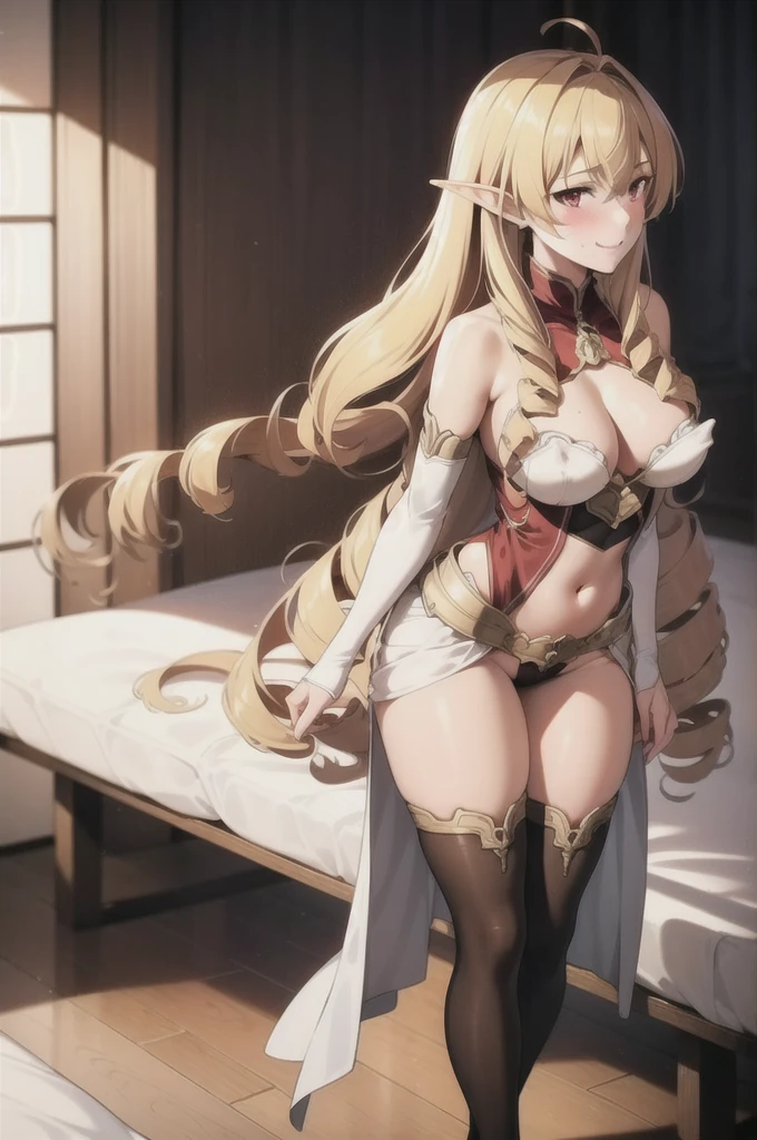 Best quality, masterpiece, 1 girl, (One:1.1), ray tracing, ultra detailed,detailed face, 8k wallpaper, wide hips, ElinalizeDragonroadNDV, 1 girl, blonde hair, Red eyes, Medium breasts, Very long hair, elf, pointed ears, drill hair, smile, blush, Tights, Bare breasts, erect nipples, swollen vagina, seductive, pleading look, Excitable posture
