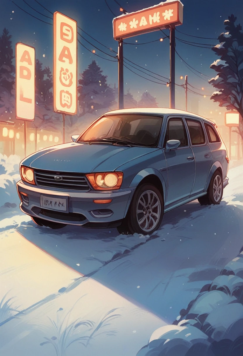 Mazda car parked in a Russian winter with apartments and northern lights at night