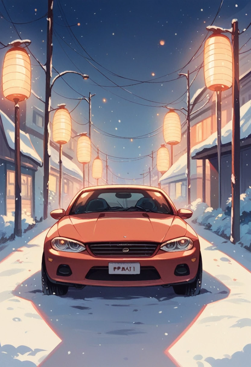 Mazda car parked in a Russian winter with apartments and northern lights at night