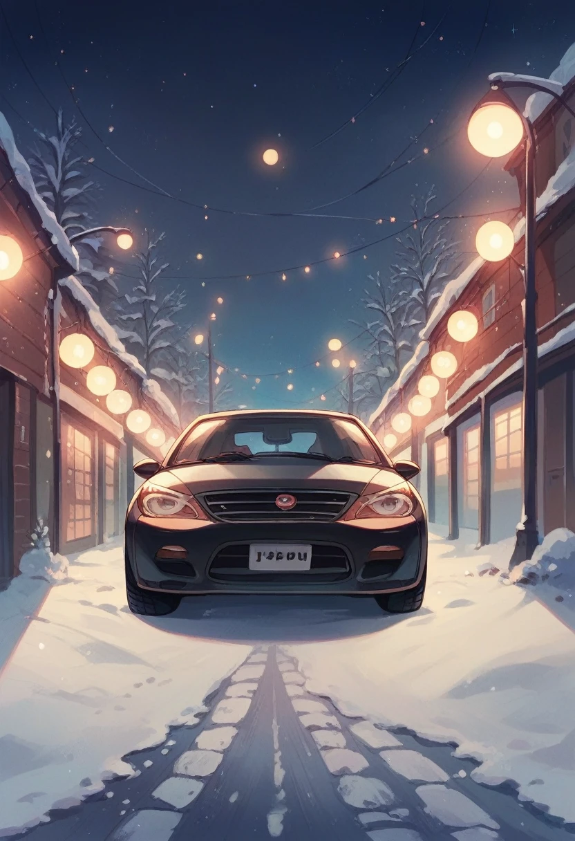 Mazda car parked in a Russian winter with apartments and northern lights at night