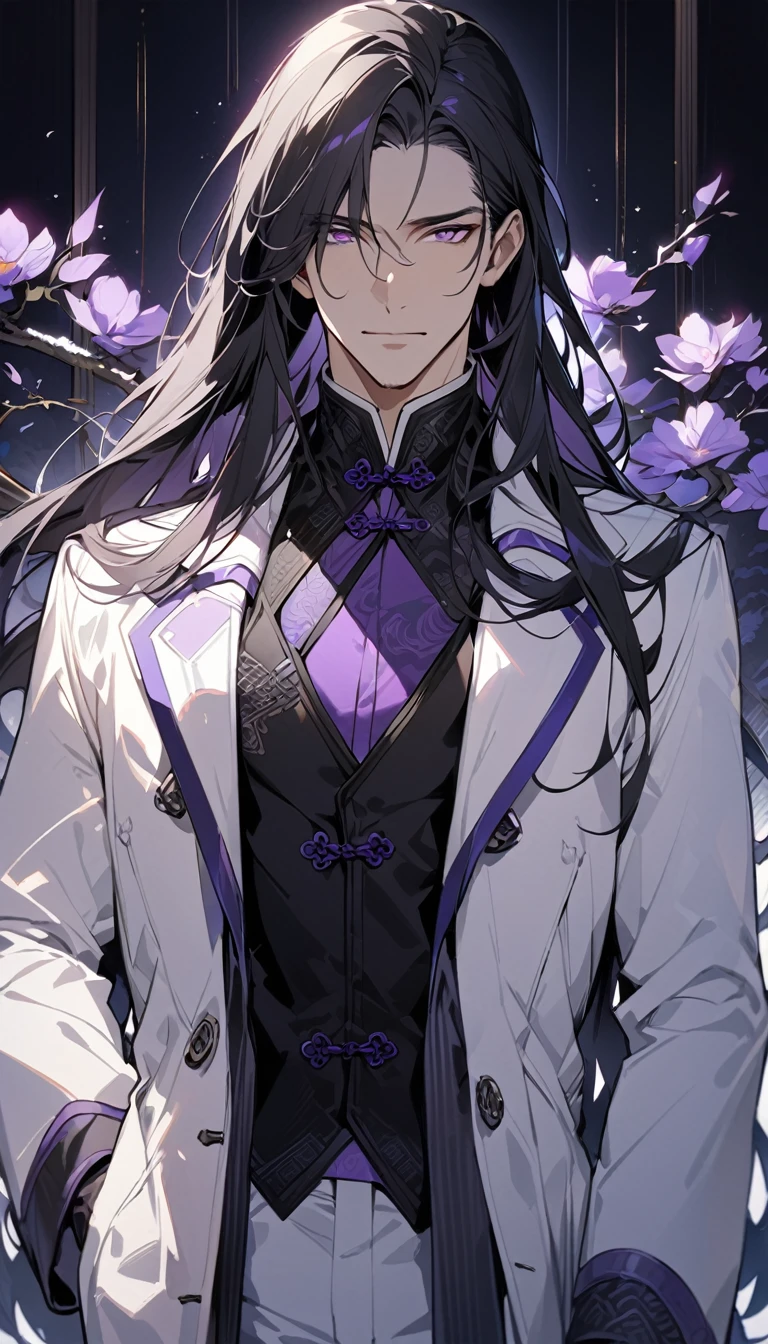 (masterpiece:1.5)，best quality，(1 Handsome and calm man)，alone，black hair，(long hair:1.5), (purple eyes), (cold and distant expression)，perfect face，Fantasy Chinese style，Long black trench coat，Purple cloth，Complex clothing design with Chinese elements，Black leather gloves，white lining，White suit pants，Slightly muscular body，High，8K，Beautiful contrast of light and shadow，purple flower，Dark luxury background，(complete upper body)，Positive face