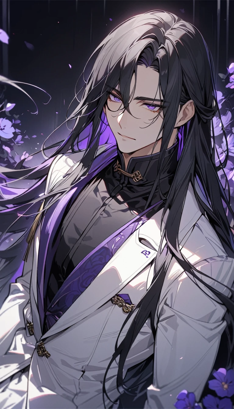(masterpiece:1.5),best quality,(1 Handsome and calm man),alone,black hair,(long hair:1.5), (purple eyes), (cold and distant expression),perfect face,Fantasy Chinese style,Long black trench coat,Purple cloth,Complex clothing design with Chinese elements,Black leather gloves,white lining,White suit pants,Slightly muscular body,High,8K,Beautiful contrast of light and shadow,purple flower,Dark luxury background,(complete upper body),Positive face
