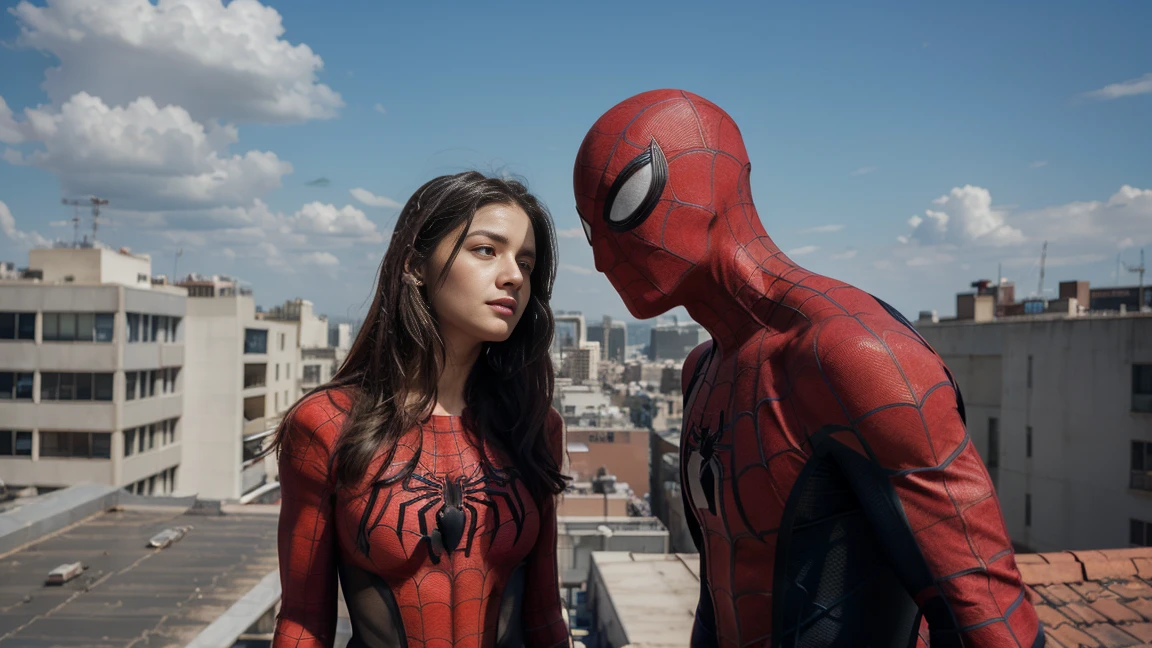 SPIDER-MAN WITH SPIDER-GIRL BOTH STANDING ON ROOFTOP
