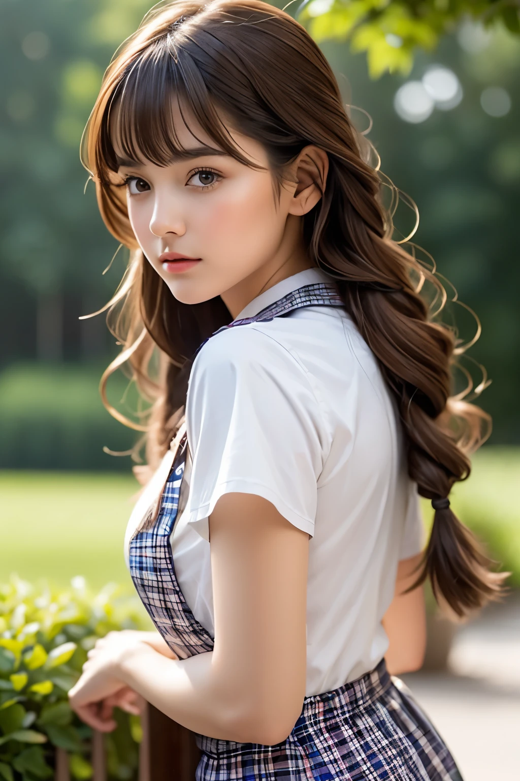 A breathtakingly beautiful and very young girl, exuding an air of innocence and charm. She is dressed in a collared shirt, adorned with checkered stripes, and a short skirt, part of a stunning  ensemble. Her bangs gracefully frame her face, while twin braids cascade down her back, adding a touch of whimsy to her overall appearance. The girl's intricate and delicate linework, as well as her fine details, are a testament to the insane amount of attention given to every aspect of her illustration. Her iridescent brown hair is vividly colored and meticulously crafted, with whimsical patterns and enchanting scenes intertwined throughout.