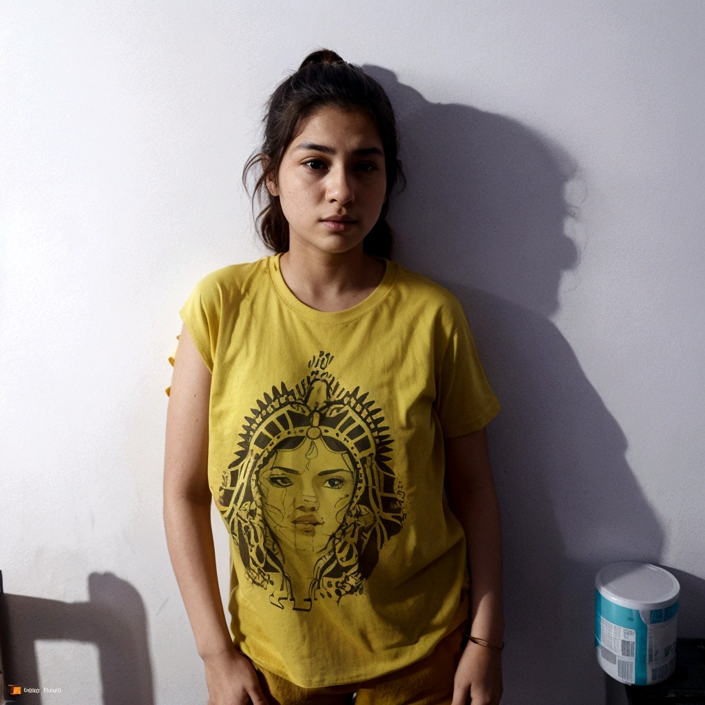 There is a woman standing in front of a wall in a yellow shirt, in t-shirt, wearing a modern yellow t-shirt, photo taken in 2 0 2 0, she is approximately 1 6 years old, indio, I had a photo, taken with sony a7r camera, expressive and terrible, frontal photo, around 19 years, taken with sony alpha 9