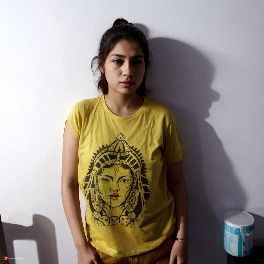 There is a woman standing in front of a wall in a yellow shirt, in t-shirt, wearing a modern yellow t-shirt, photo taken in 2 0 2 0, she is approximately 1 6 years old, indio, I had a photo, taken with sony a7r camera, expressive and terrible, frontal photo, around 19 years, taken with sony alpha 9