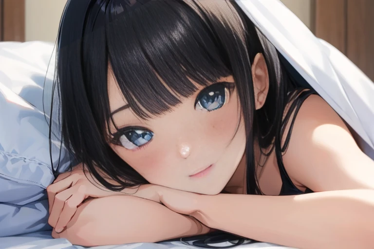 masterpiece、Highest quality、1 female、Very detailed Black Hair、Blunt bangs blue eyes、Detailed depiction of the eyes smile、blush Tank top Face is close、Face close-up、Bring your face closer Sheetに寝転がる、Lie down Sheet