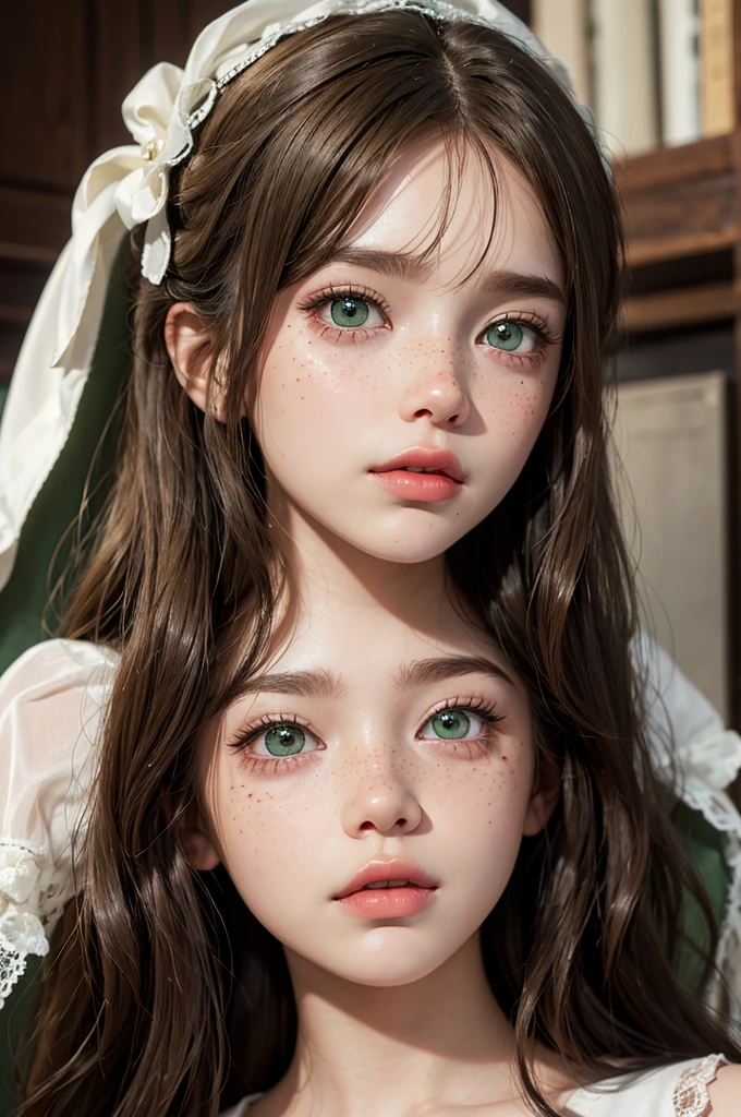 Un realistic Blythe doll with green eyes brunette hair freckles and Rosie cheeks