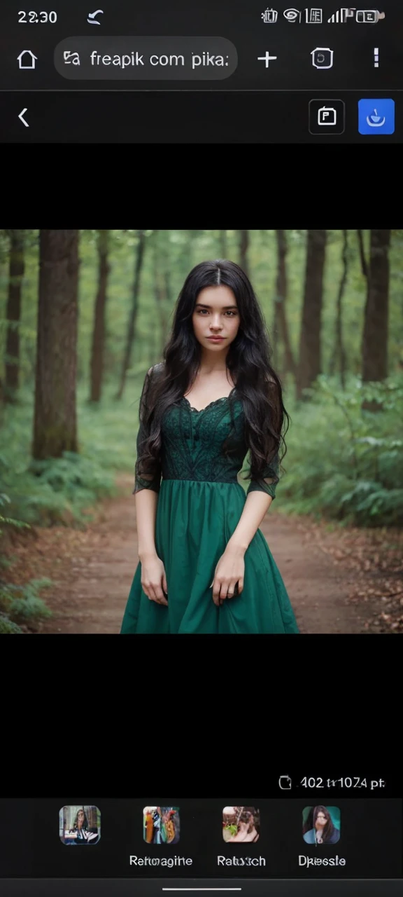 cute girl, long black hair back, in dark forest, with dark green dress