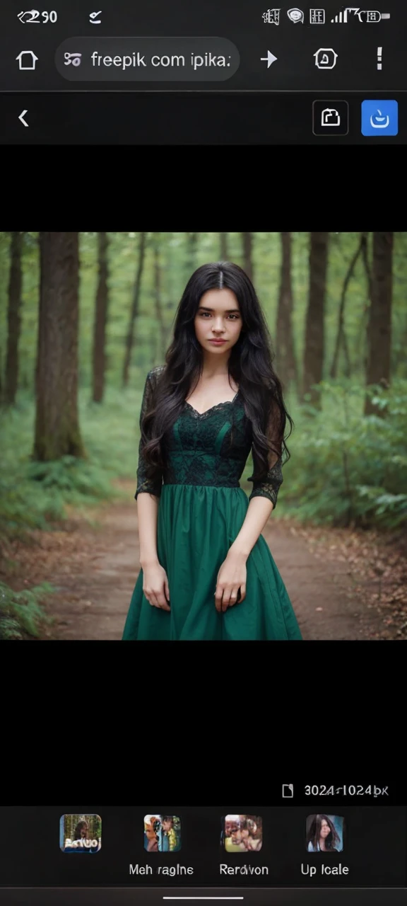 cute girl, long black hair back, in dark forest, with dark green dress