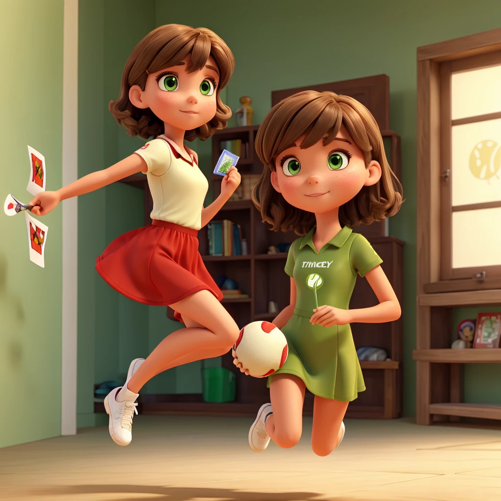 Light brunette with green eyes, medium brown hair, medium size 1.60 tall, short red strap dress , tennis branco, victory jump position, with a playing card in hand of 5