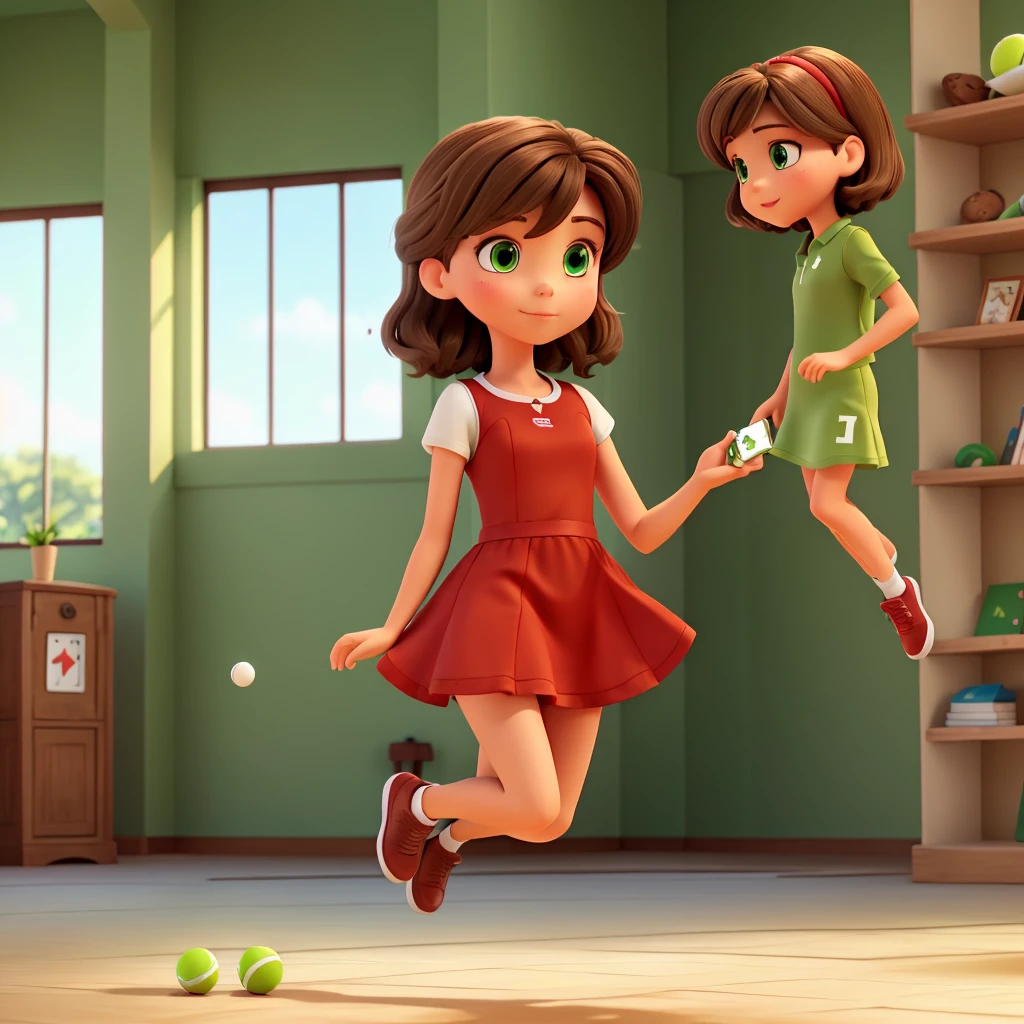 Light brunette with green eyes, medium brown hair, medium size 1.60 tall, short red strap dress , tennis branco, victory jump position, with a playing card in hand of 5