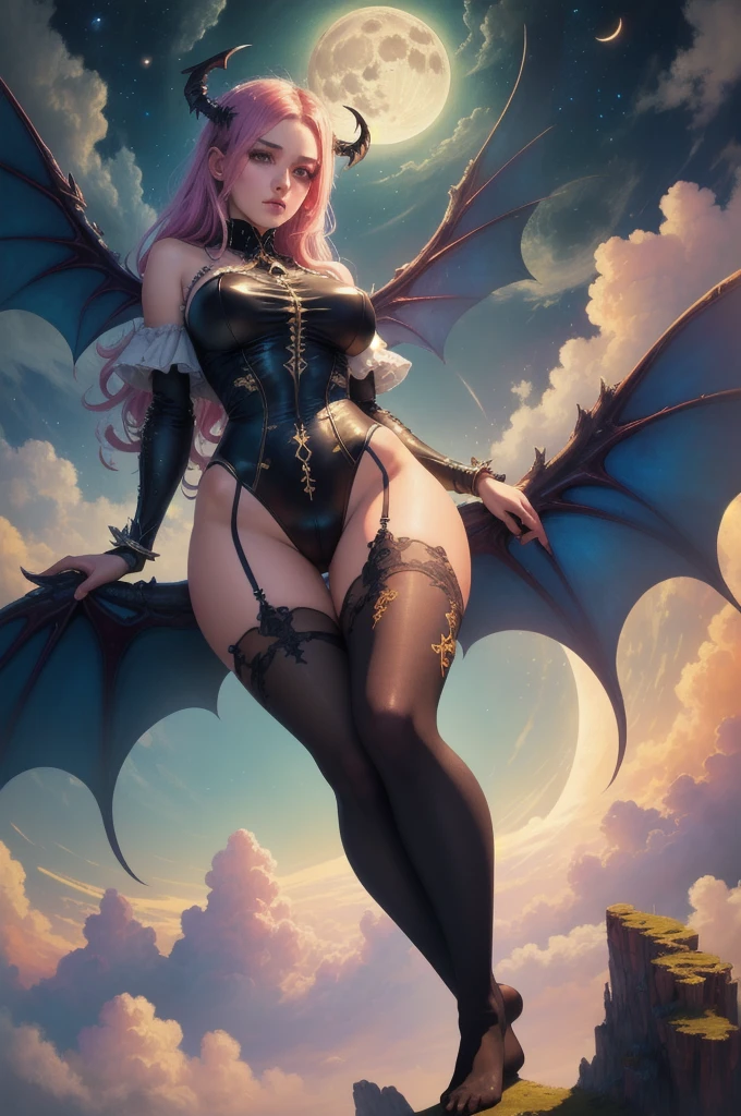 ((best quality)), ((masterpiece)), (detailed), succubus, ethereal beauty, perched on a cloud, (fantasy illustration:1.3), enchanting gaze, leotard, pantyhose, stockings, bodysuit, captivating pose, delicate wings, otherworldly charm, mystical sky, large moon, moonlit night, soft colors, (detailed cloudscape:1.3), (high-resolution:1.2), from below, (rating_explicit), (score_9, score_8_up, score_7_up, score_6_up, score_5_up, score_4_up, high res, 4k)
