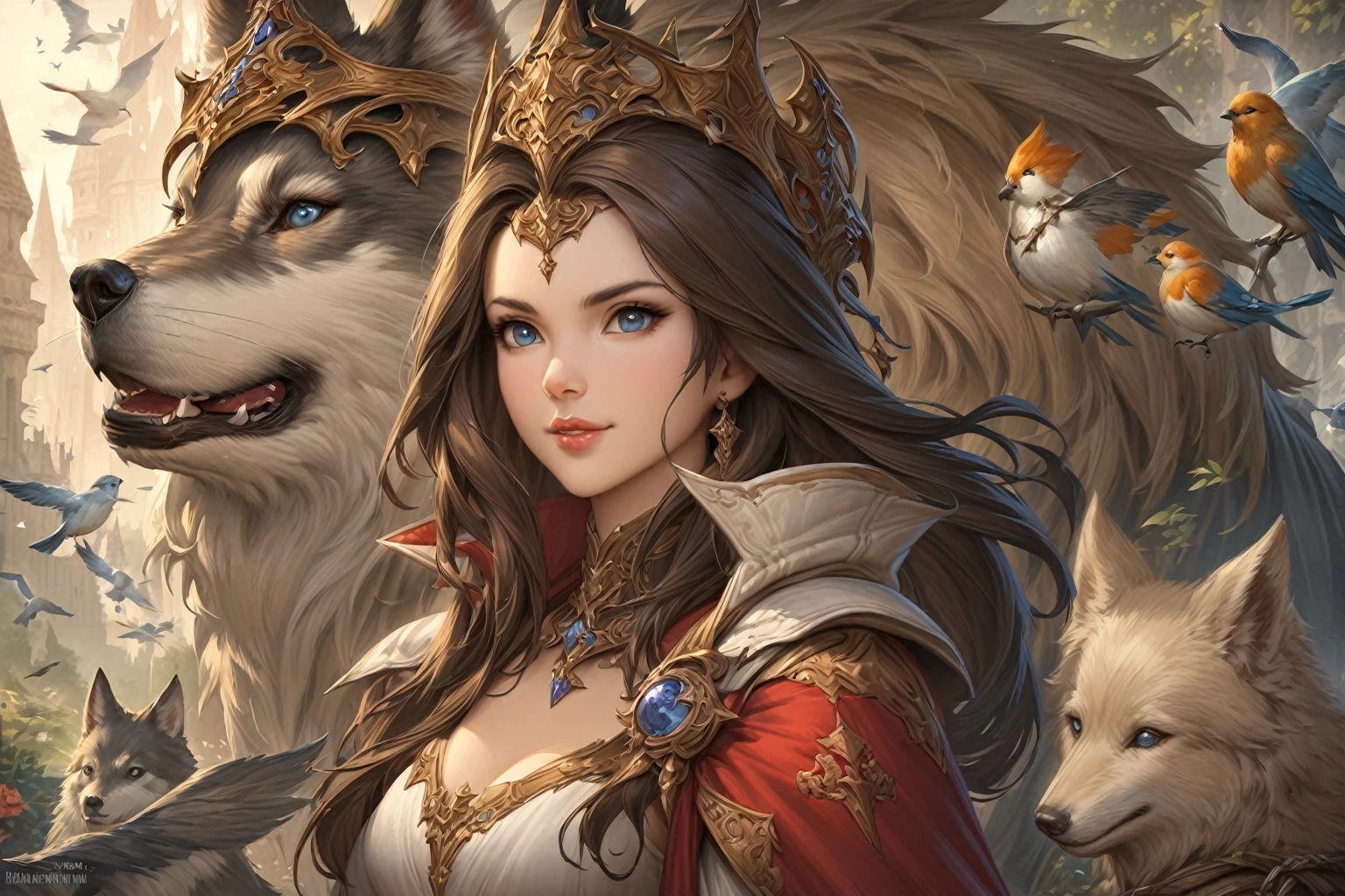 Arafed image of a woman with a wolf and birds, beautiful Fantasy art portrait, very beautiful Fantasy art, beautiful Fantasy art, medieval Fantasy art, detailed Fantasy art, beautiful painting in fantasy style, Fantasy art portrait, fantasy art, detailed fantasy digital art, Fantasy art, fantasy portrait art, digital art Fantasy art, high quality Fantasy art, vintage Fantasy art, Fantasy woman