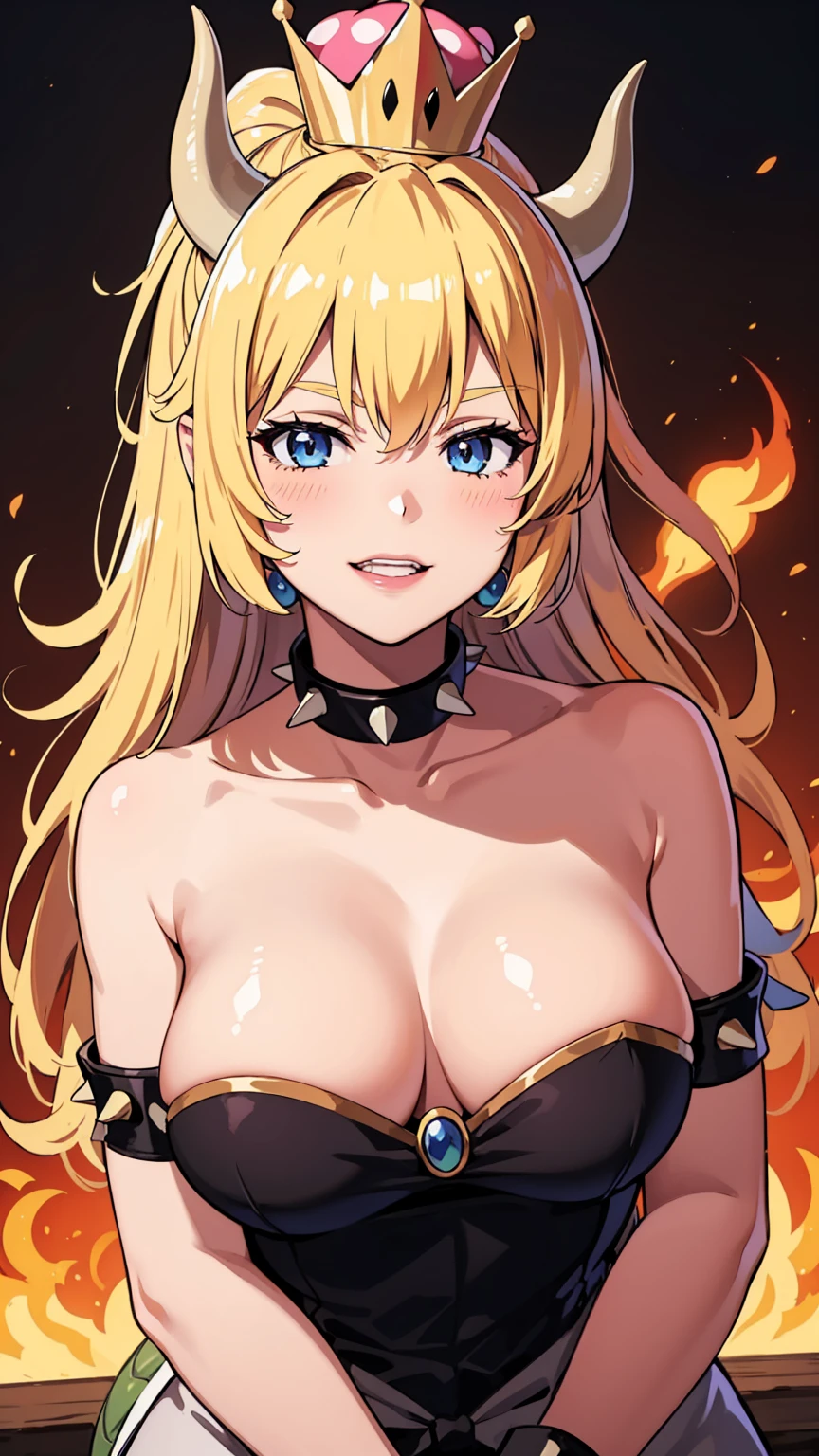 best quality, high resolution, large breasts, blonde hair, blush, Evil smile, cowboy shot, looking at viewer, bowsette, pink lip, in a volcano with lava, (((sexy shoulders))), (((shoulders Focus))),