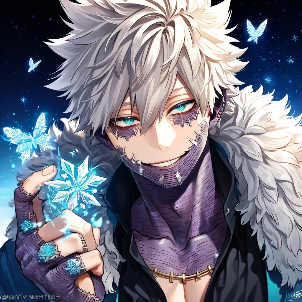 absurdres, highres, ultra detailed, HDR, master piece, best quality, extremely detailed face, delicated features, Dabi, white hair, expressive turquoise eyes, Boku No Hero Academia, sexy man, solo, handsome, smiling, blue jacket with fur, black shirt, fantasy, magical, ice, ice butterflies, snowflakes, starry night