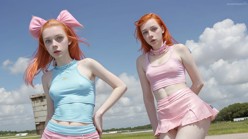 a 16 y.o. trashy girl, ginger girl very pale skin full of freckles, pink, blue, yelow... top and mini skirt,very thin, very very large puffy ears, big long nose,flat stomach, recording a in an abandoned airport full of abandoned airplanes, dynamic poses,