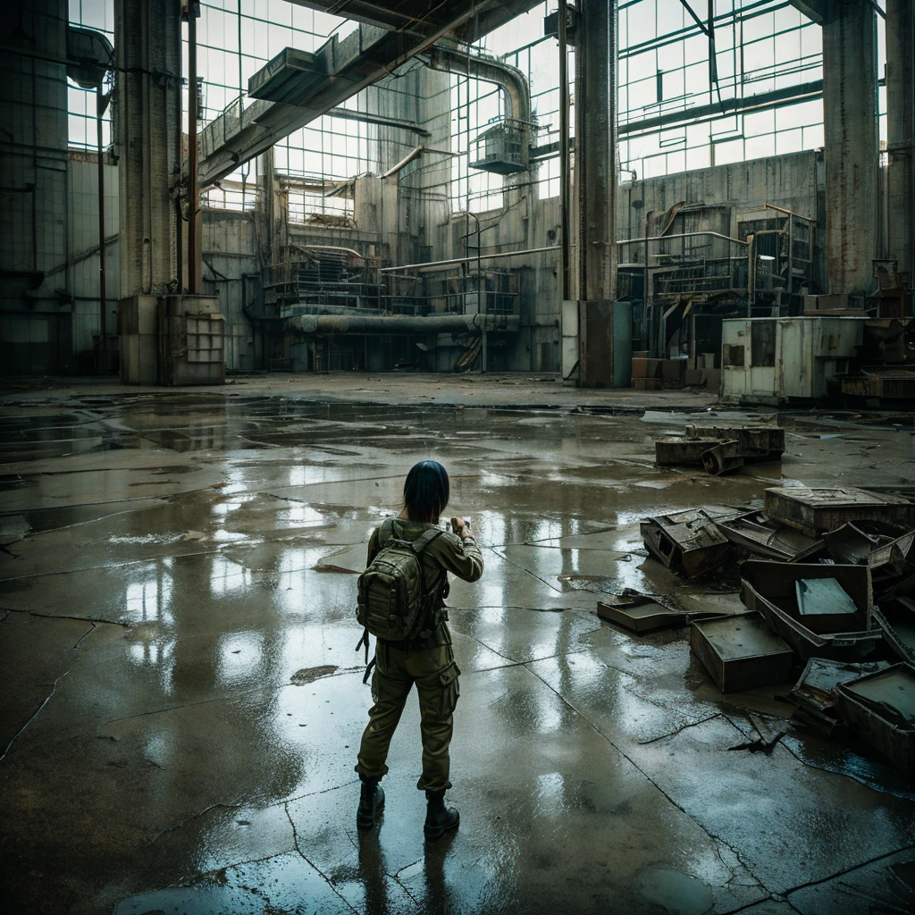 8K,Realistic photos、Realistic สkin Texture、สuperrealism、Japanese women in the United States.บิกินี่ลายsoldier. soldier、สearching for something in a mysterious abandoned factory、The concrete floor is cracked and wet..、Abandoned machinery rusts and decays..、tattoo