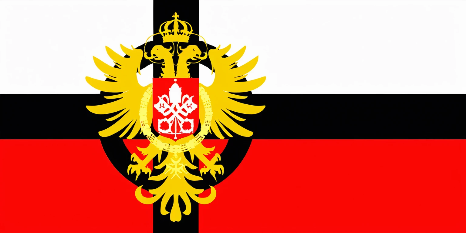 a close-up of a flag with a large eagle on it, sacred Roman Empire, of the Duchy of Lithuania, imperial russia, prussia, inspired by Ferdynand Ruszczyc, a stylized coat of war German flag emblem with a golden 2-headed phoenix, next to a black cross , Hexagon, vector, best qualityer