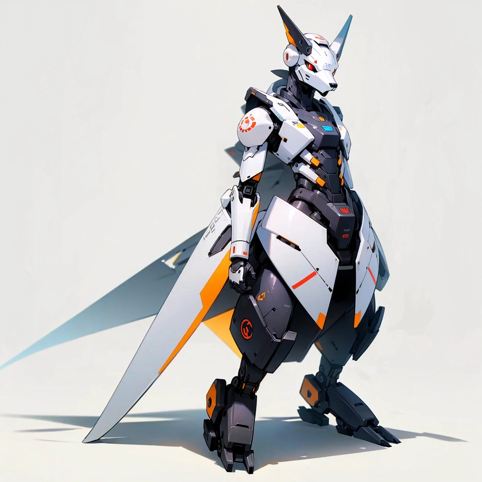 (Random Evolution animal), Half robot animal, (The head remains animal), full body version, white and yellow skins, (red eyes), ((has clouds)) Grassroots, no background 