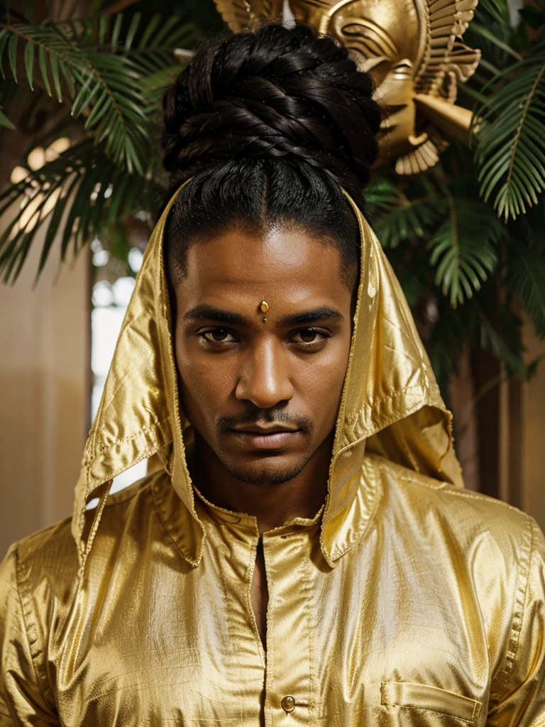 Black Egyptian man standing in golden silk 